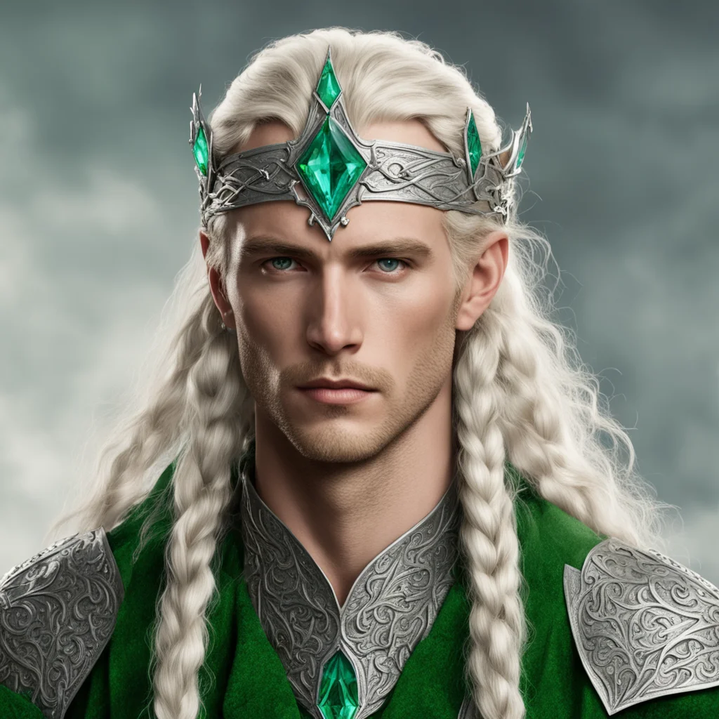 aitolkien king amdir with blond hair with braids wearing silver leaf elven circlet with green diamonds amazing awesome portrait 2