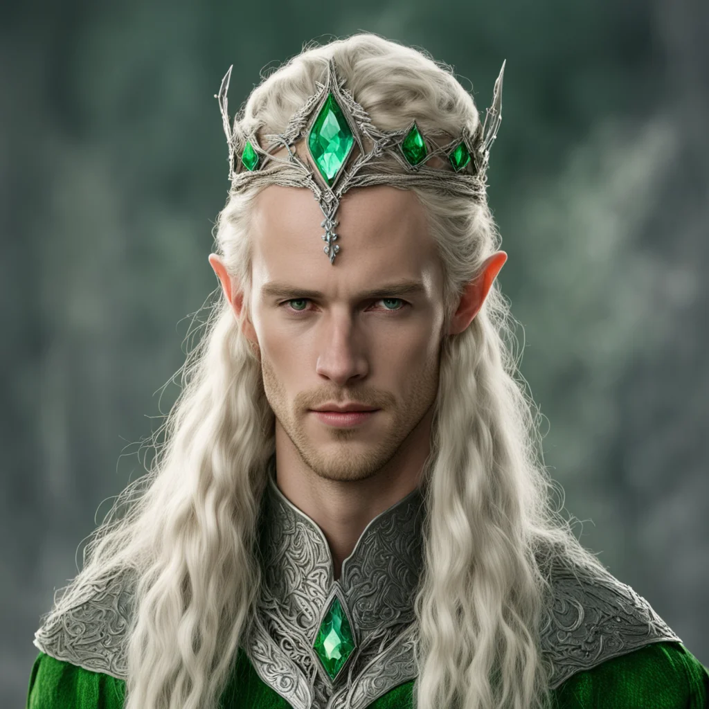 aitolkien king amdir with blond hair with braids wearing silver leaf elven circlet with green diamonds good looking trending fantastic 1