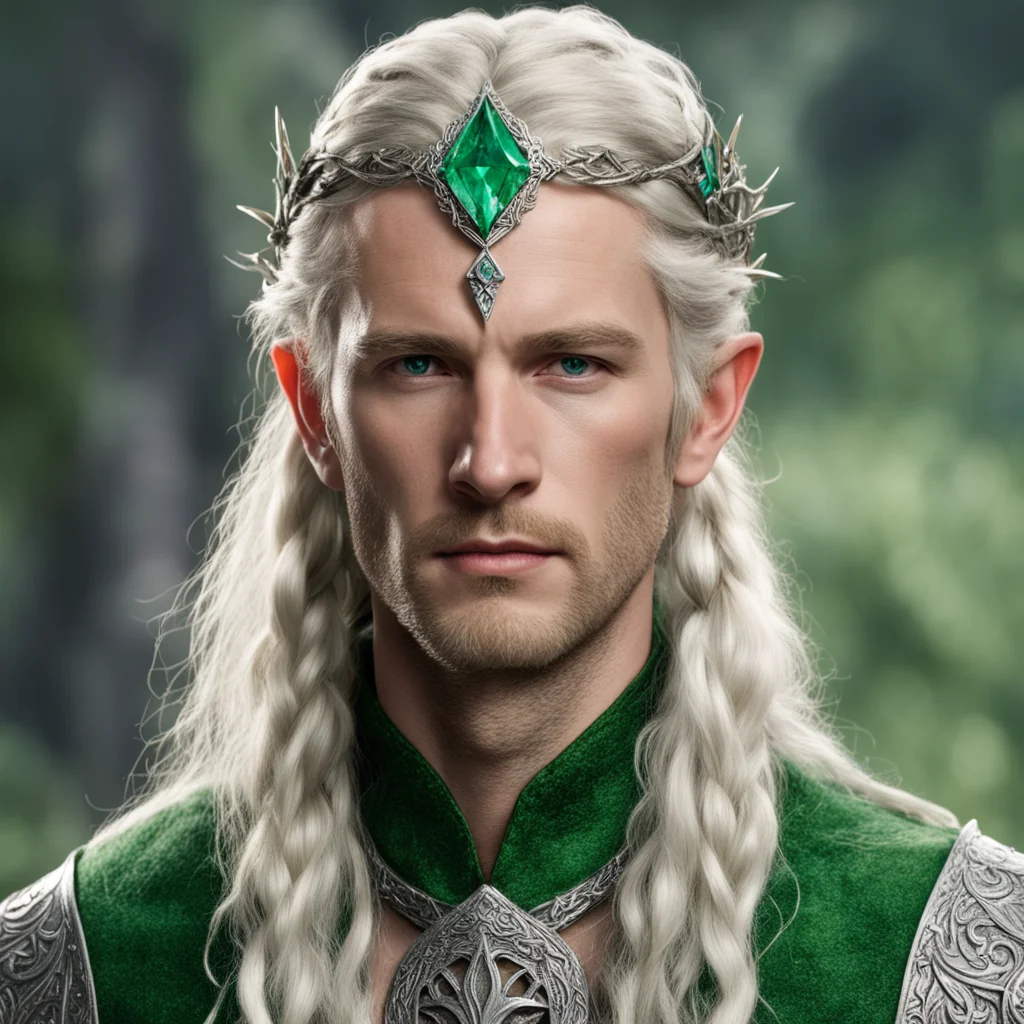 aitolkien king amdir with blond hair with braids wearing silver leaf elven circlet with green diamonds