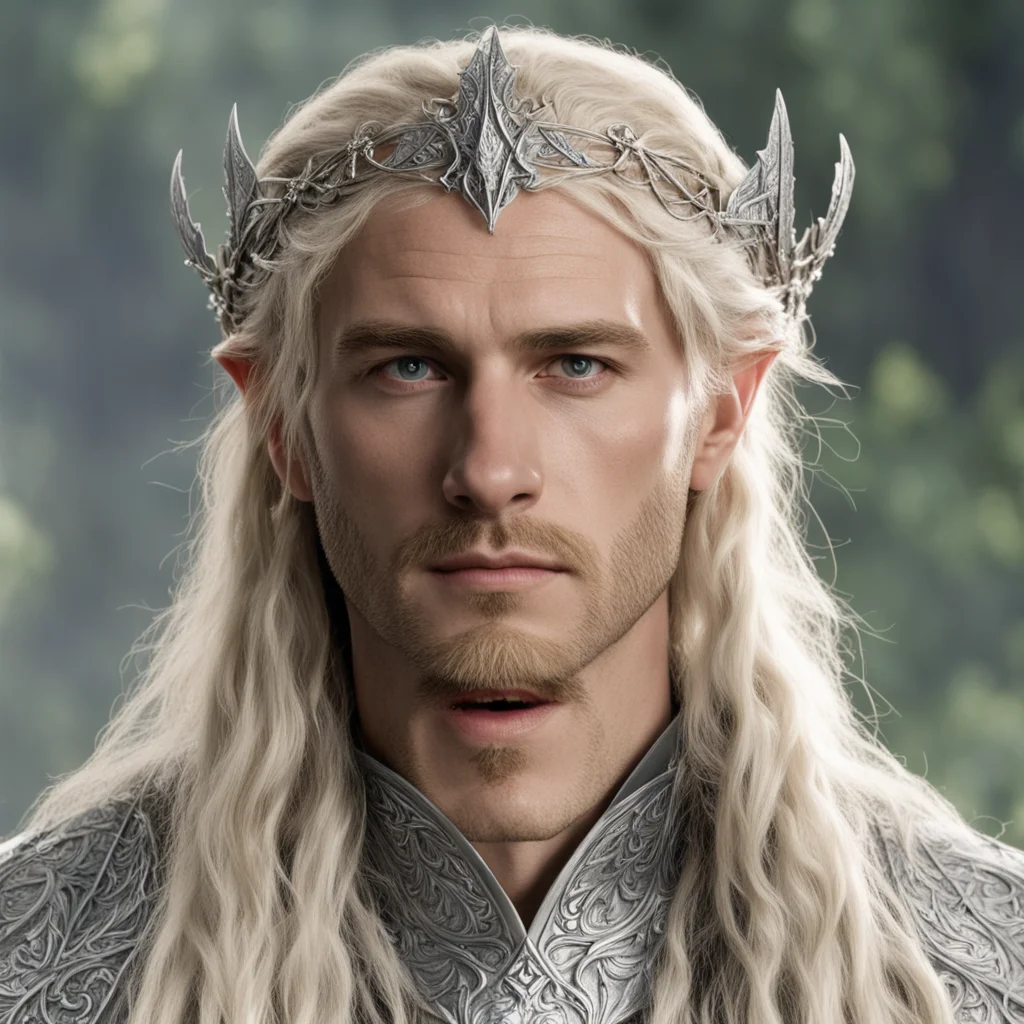 aitolkien king amdir with blond hair with braids wearing silver mallorn leaf elven circlet with diamonds good looking trending fantastic 1