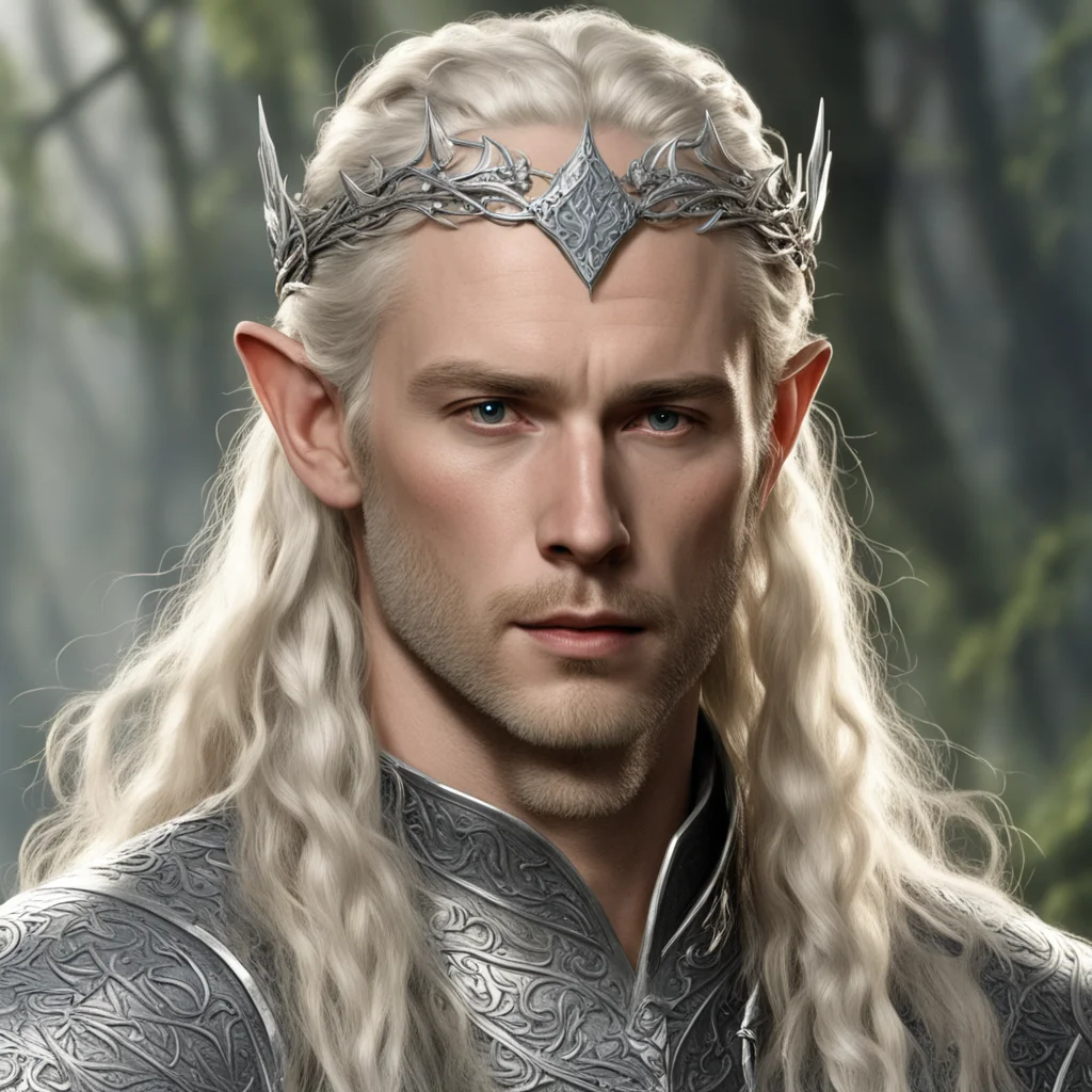aitolkien king amdir with blond hair with braids wearing silver mallorn leaf elven circlet with diamonds