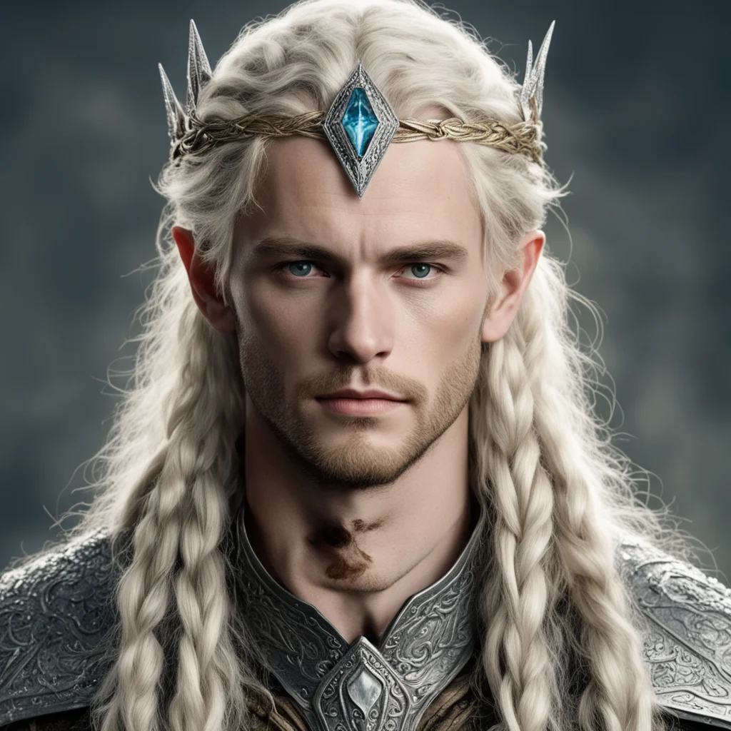 aitolkien king amdir with blond hair with braids wearing silver serpentine elvish circlet encrusted with diamonds good looking trending fantastic 1