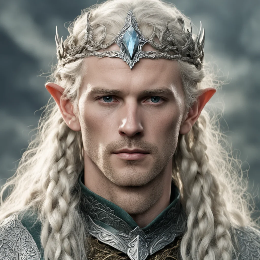 aitolkien king amdir with blond hair with braids wearing silver serpentine elvish circlet encrusted with diamonds