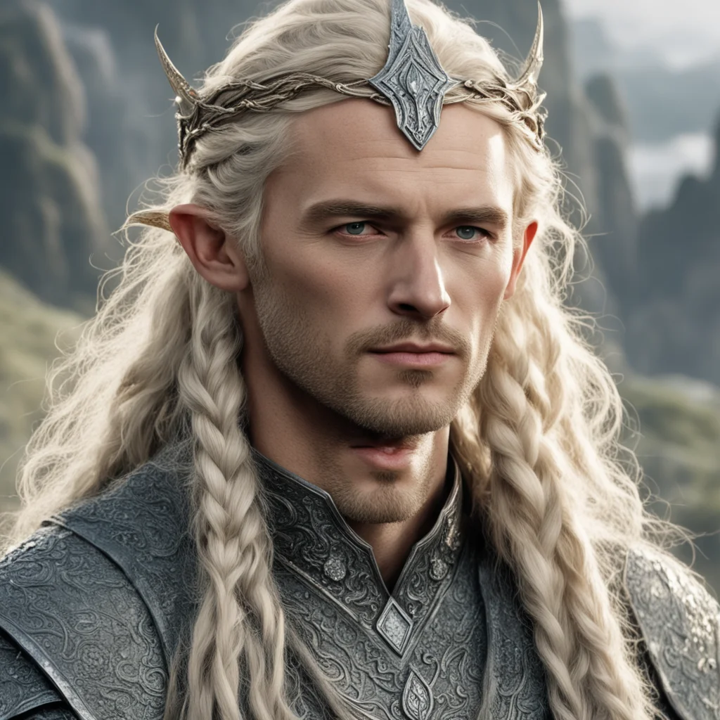 aitolkien king amdir with blond hair with braids wearing silver serpentine elvish circlet encrusted with dianonds good looking trending fantastic 1