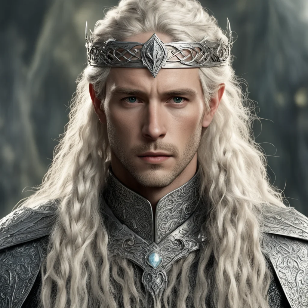 aitolkien king amdir with blond hair with braids wearing silver serpentine elvish circlet encrusted with dianonds