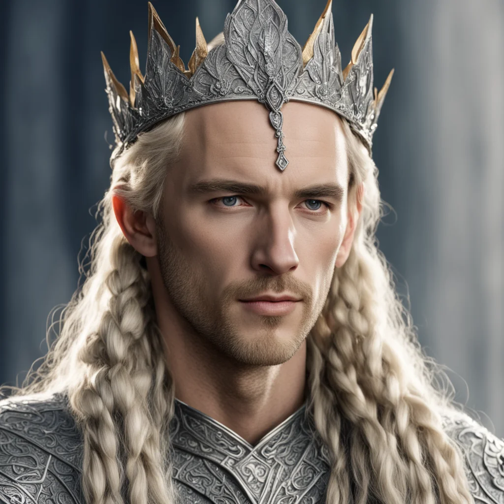 aitolkien king amdir with blond hair with braids wearing silver sindar elven crown with diamonds amazing awesome portrait 2