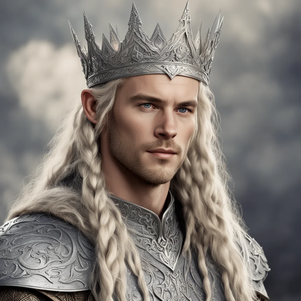 aitolkien king amdir with blond hair with braids wearing silver sindar elven crown with diamonds