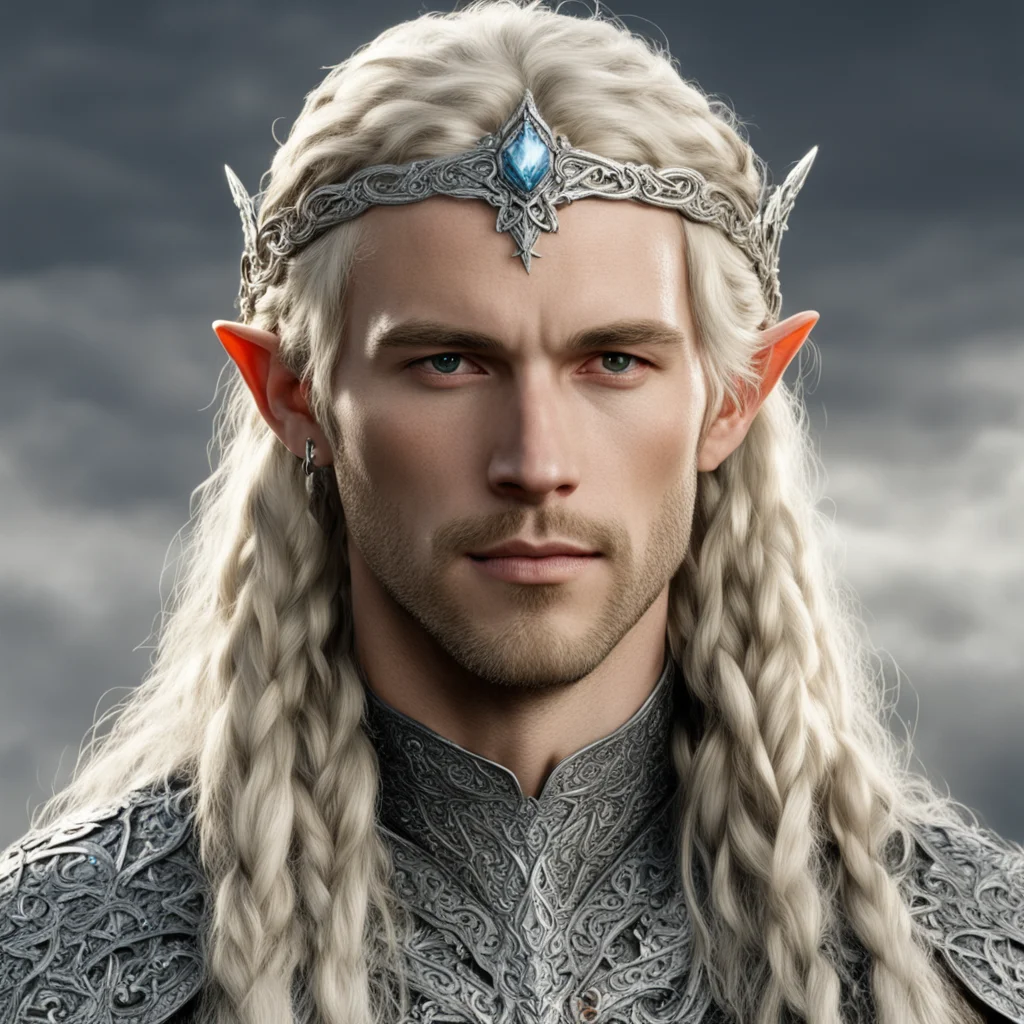 tolkien king amdir with blond hair with braids wearing silver sindarin elvish circlet encrusted with diamonds confident engaging wow artstation art 3