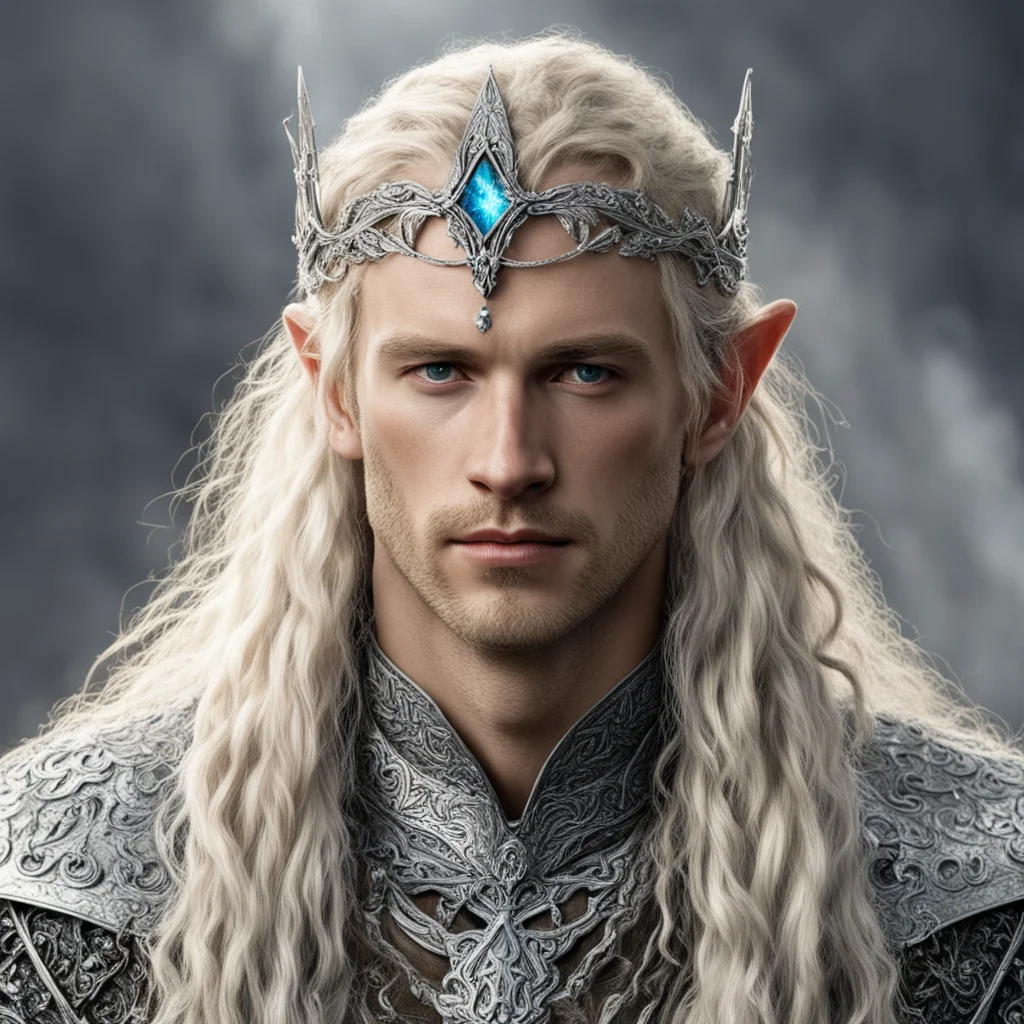 aitolkien king amdir with blond hair with braids wearing silver sindarin elvish circlet encrusted with diamonds good looking trending fantastic 1