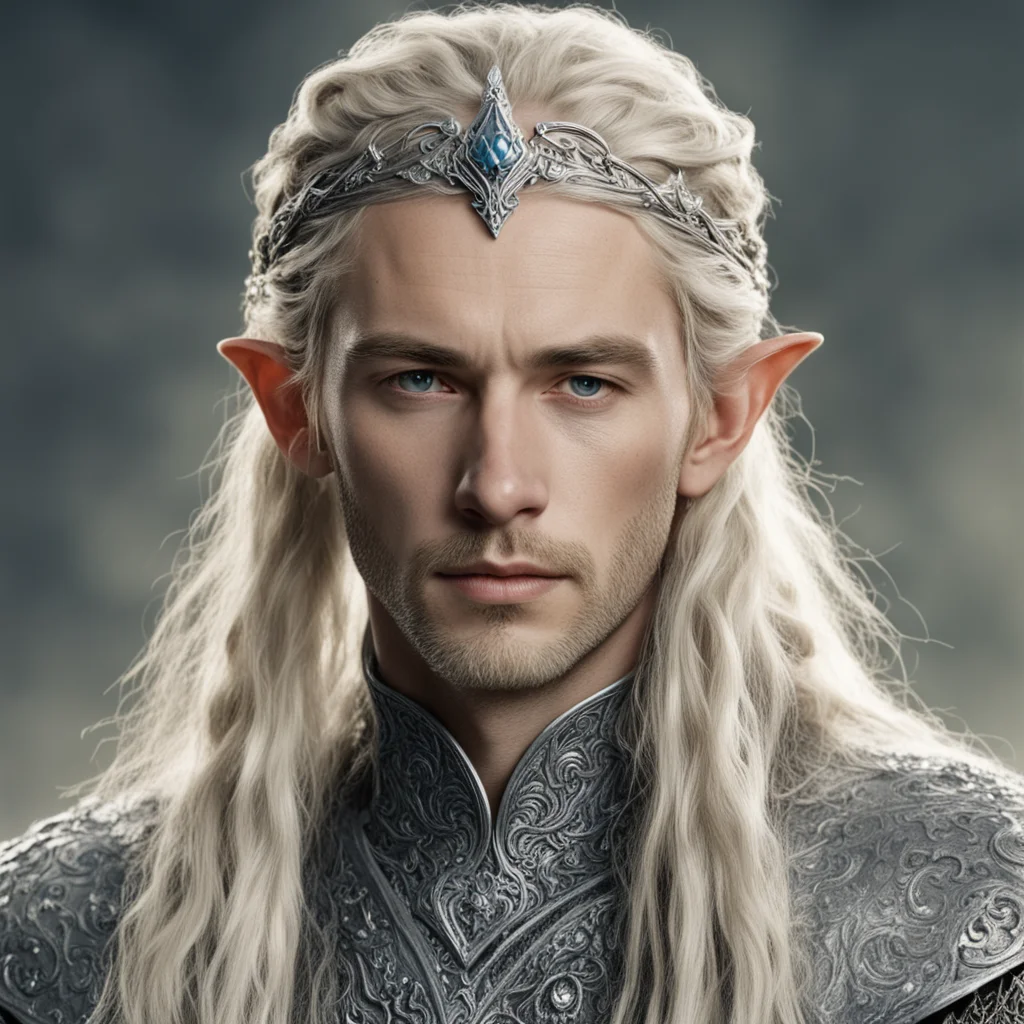 aitolkien king amdir with blond hair with braids wearing silver sindarin elvish circlet encrusted with diamonds
