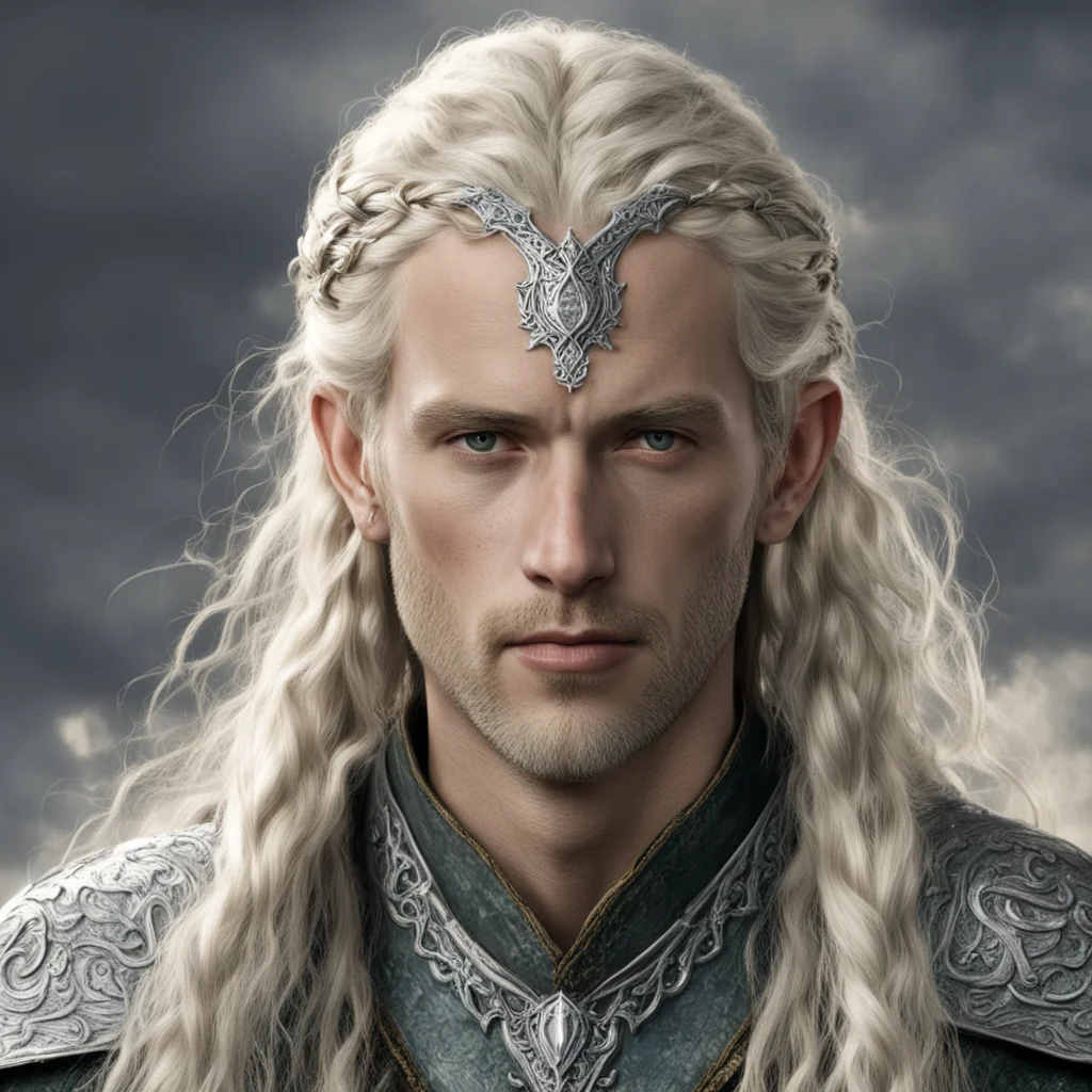 aitolkien king amdir with blond hair with braids wearing silver sindarin elvish circlet with diamonds good looking trending fantastic 1