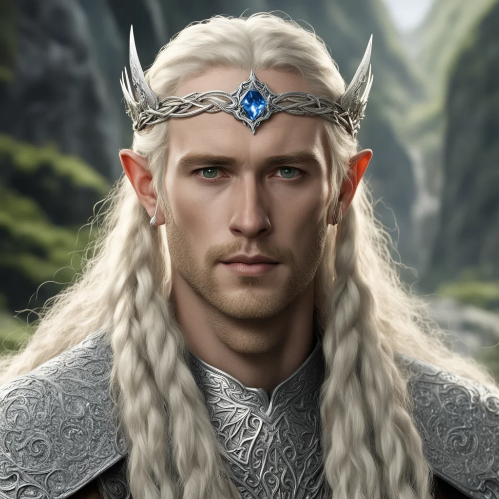 tolkien king amdir with blond hair with braids wearing silver sindarin elvish circlet with diamonds