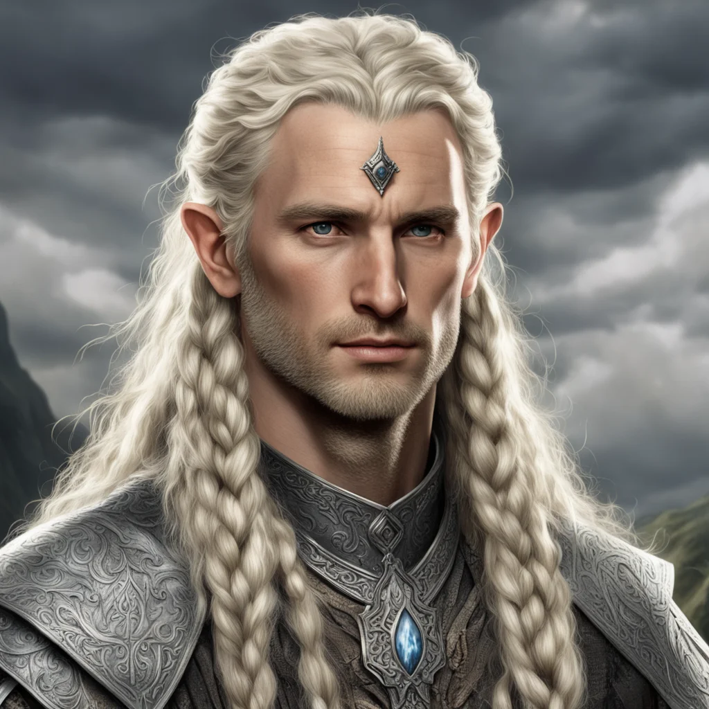 aitolkien king amdir with blond hair with braids wearing silver sindarin elvish circlets with diamonds good looking trending fantastic 1