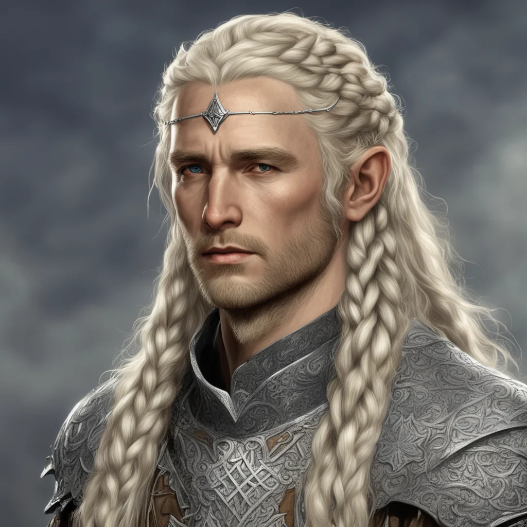 aitolkien king amdir with blond hair with braids wearing silver sindarin elvish circlets with diamonds