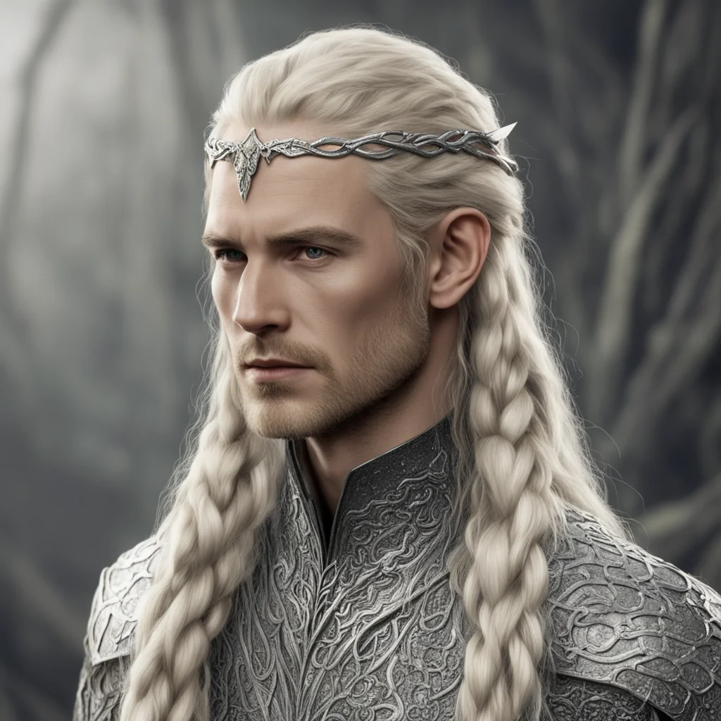 aitolkien king amdir with blond hair with braids wearing silver snake elven hair forks with diamonds amazing awesome portrait 2