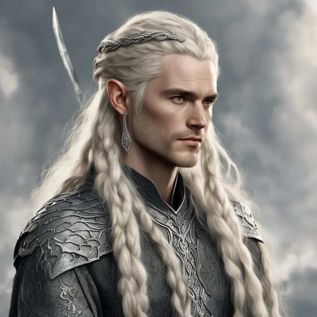 tolkien king amdir with blond hair with braids wearing silver snake elven hair forks with diamonds good looking trending fantastic 1