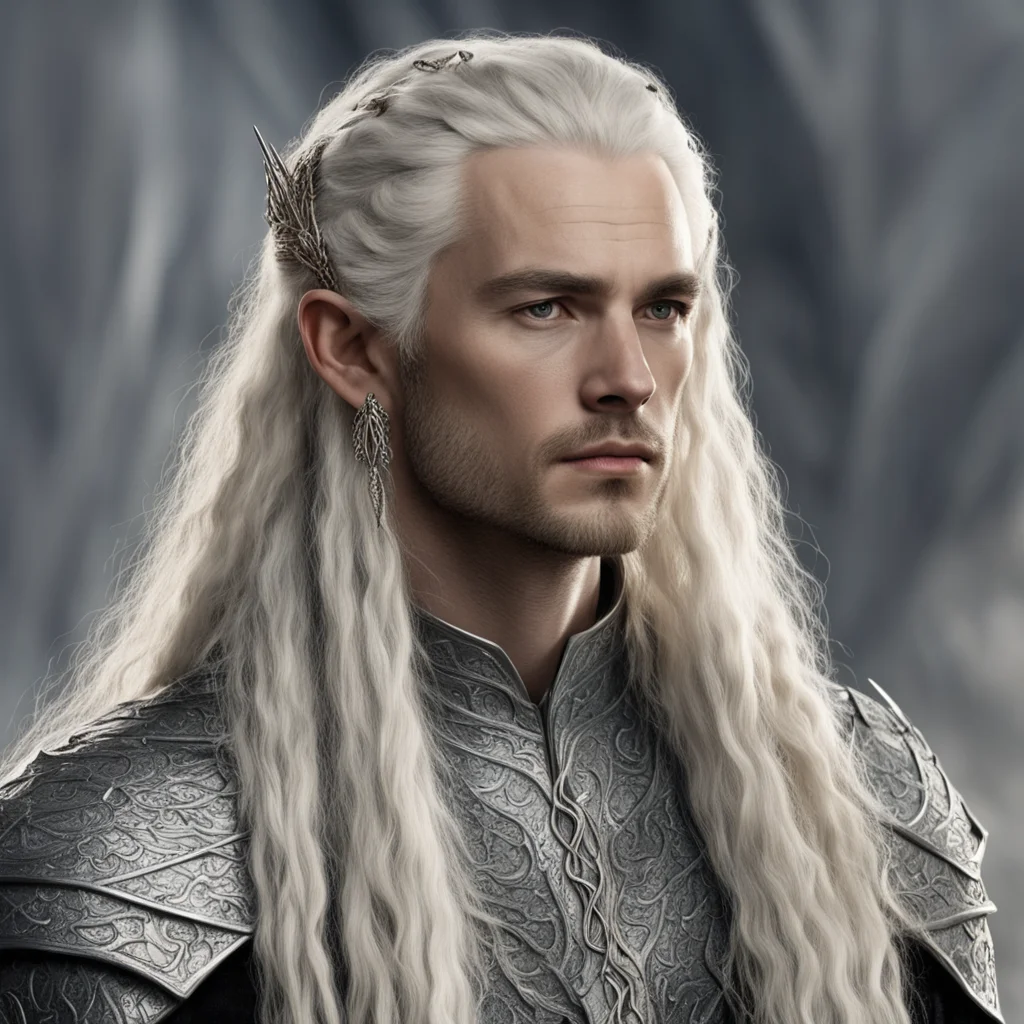 aitolkien king amdir with blond hair with braids wearing silver snake elven hair forks with diamonds