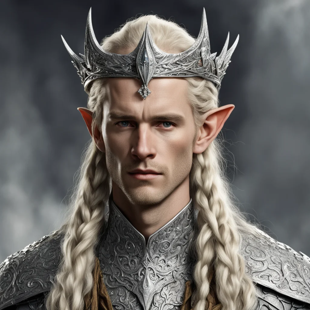 tolkien king amdir with blond hair with braids wearing silver wood elf circlet encrusted with diamonds with large diamond in the center 