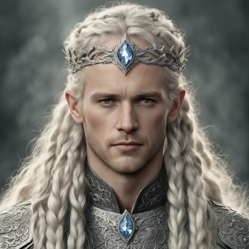 aitolkien king amdir with blonde hair and braids wearing silver laurel leaf elvish circlet heavily encrusted with diamonds with large center circular diamond amazing awesome portrait 2