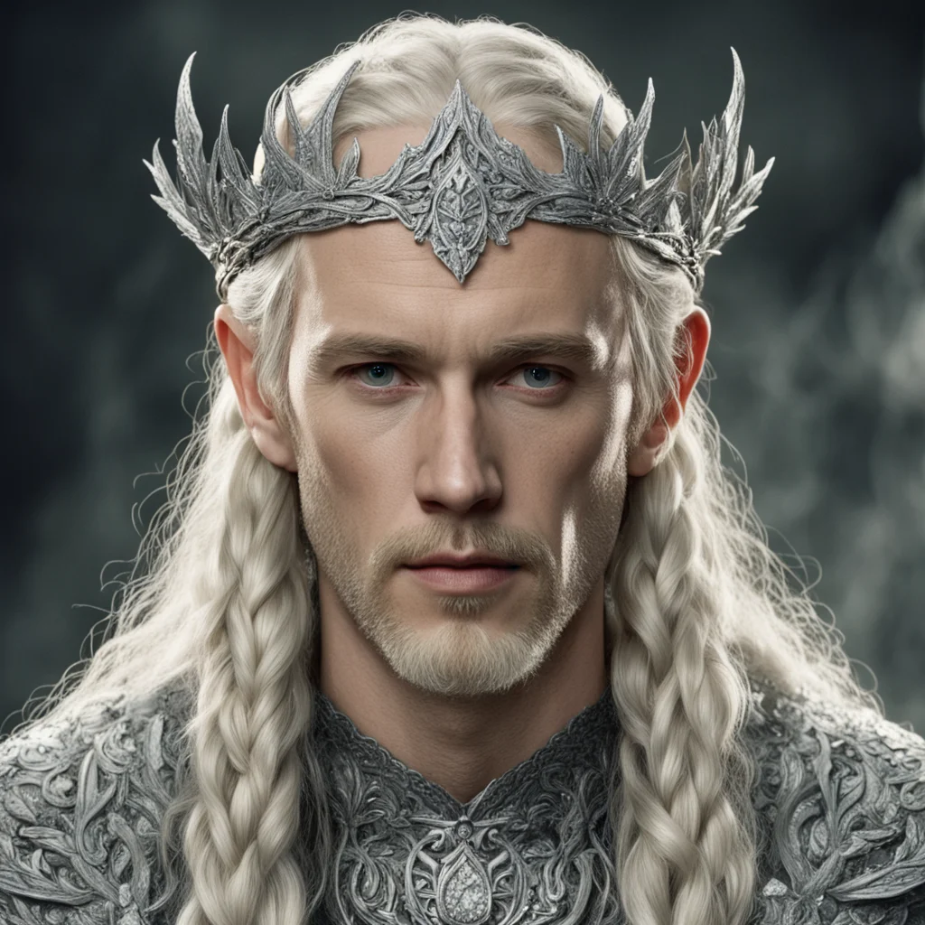 tolkien king amdir with blonde hair and braids wearing silver laurel leaf elvish circlet heavily encrusted with diamonds with large center circular diamond confident engaging wow artstation art 3.we