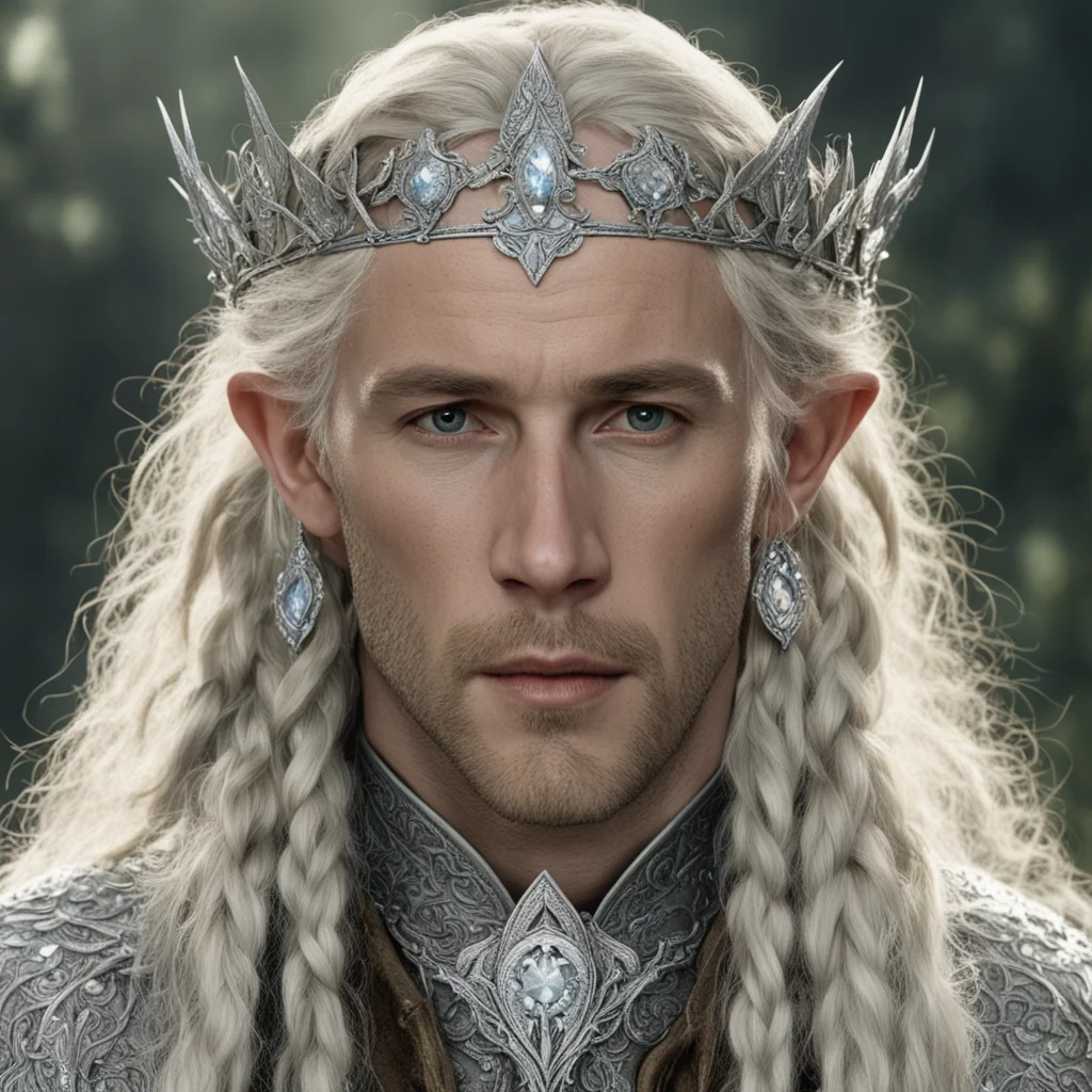 aitolkien king amdir with blonde hair and braids wearing silver laurel leaf elvish circlet heavily encrusted with diamonds with large center circular diamond good looking trending fantastic 1