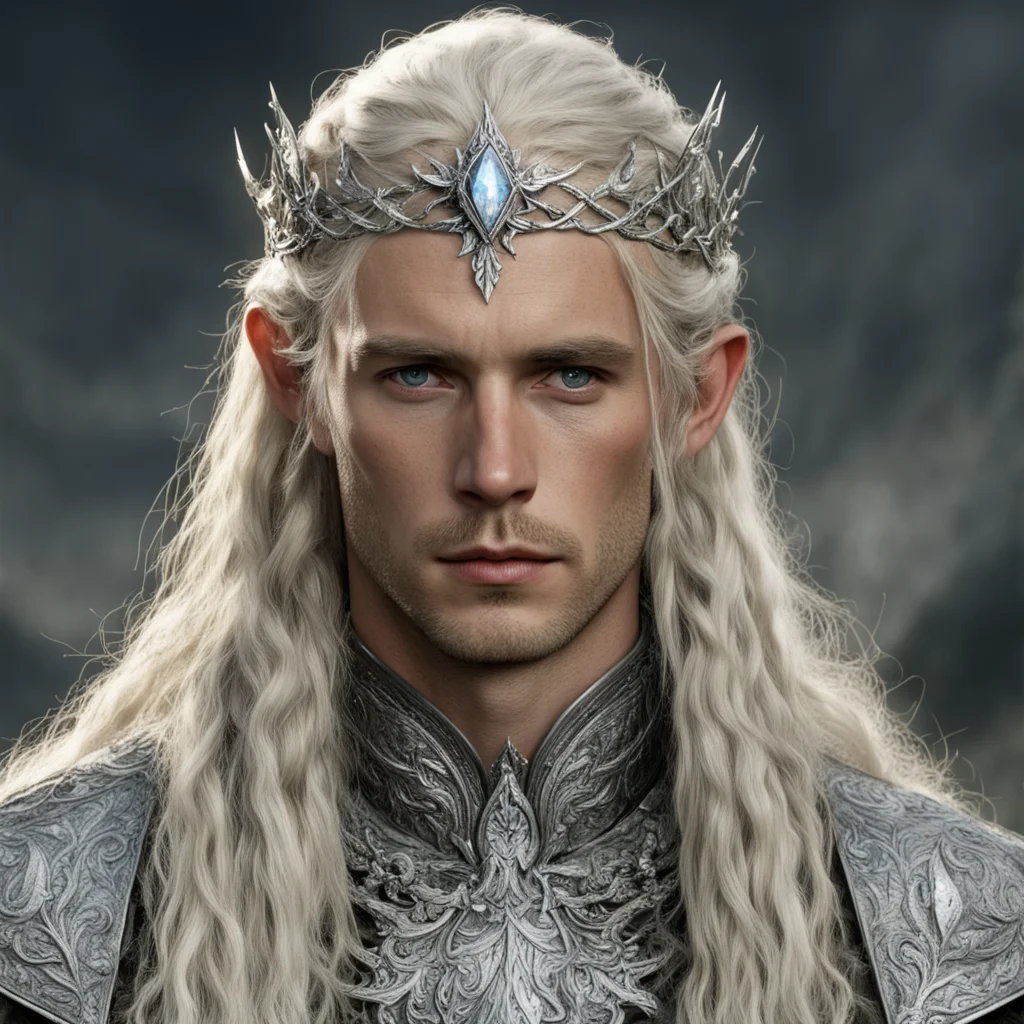 tolkien king amdir with blonde hair and braids wearing silver laurel leaf elvish circlet heavily encrusted with diamonds with large center circular diamond
