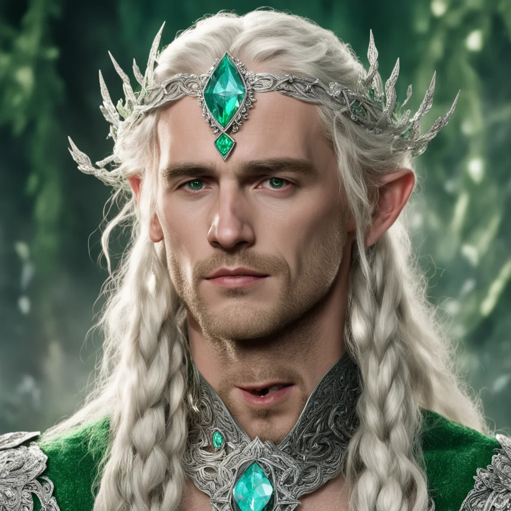 aitolkien king amdir with blonde hair and braids wearing silver leaves encrusted with diamonds forming a silver elvish circlet with large green center diamond  amazing awesome portrait 2