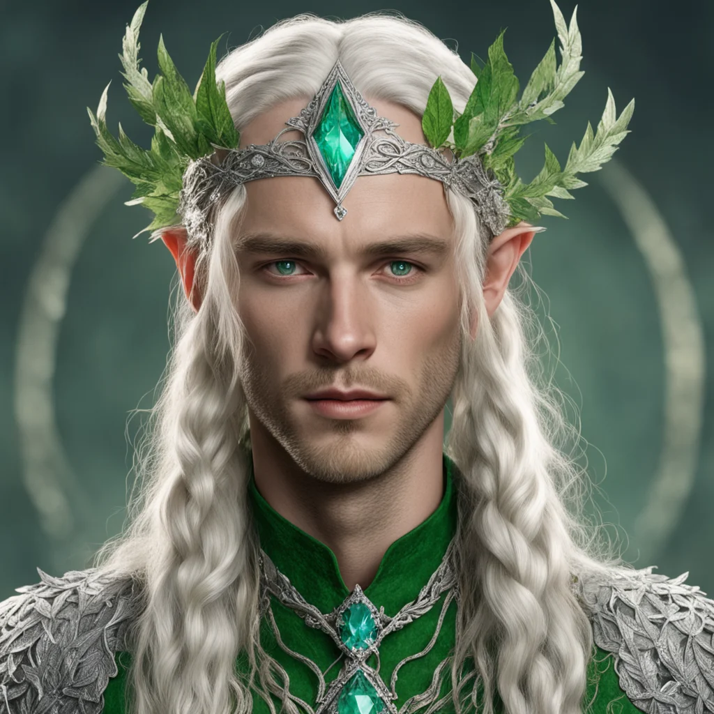 tolkien king amdir with blonde hair and braids wearing silver leaves encrusted with diamonds forming a silver elvish circlet with large green center diamond  confident engaging wow artstation art 3.