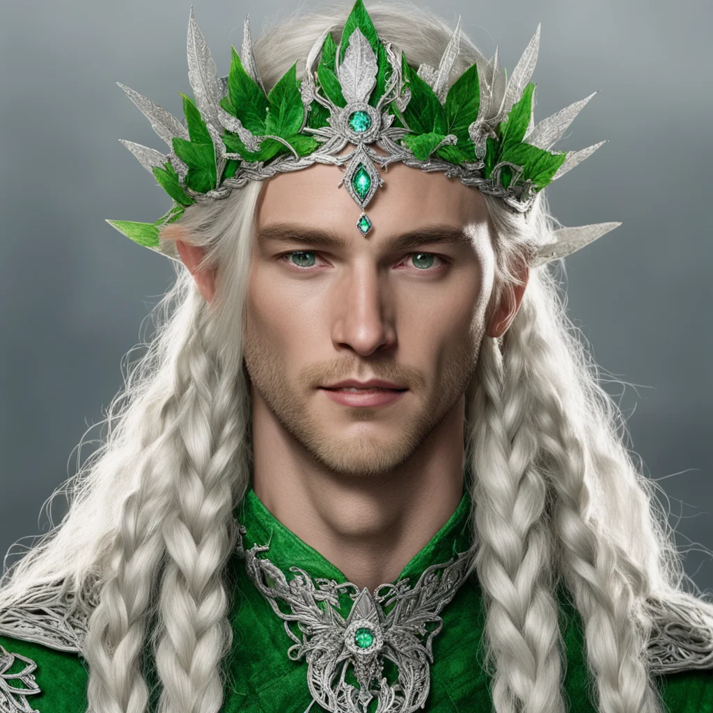 tolkien king amdir with blonde hair and braids wearing silver leaves encrusted with diamonds forming a silver elvish circlet with large green center diamond  good looking trending fantastic 1