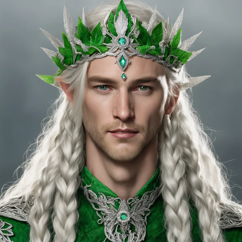 aitolkien king amdir with blonde hair and braids wearing silver leaves encrusted with diamonds forming a silver elvish circlet with large green center diamond  good looking trending fantastic 1