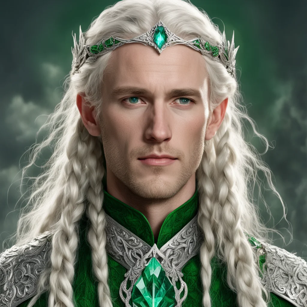 aitolkien king amdir with blonde hair and braids wearing silver leaves encrusted with diamonds forming a silver elvish circlet with large green center diamond 
