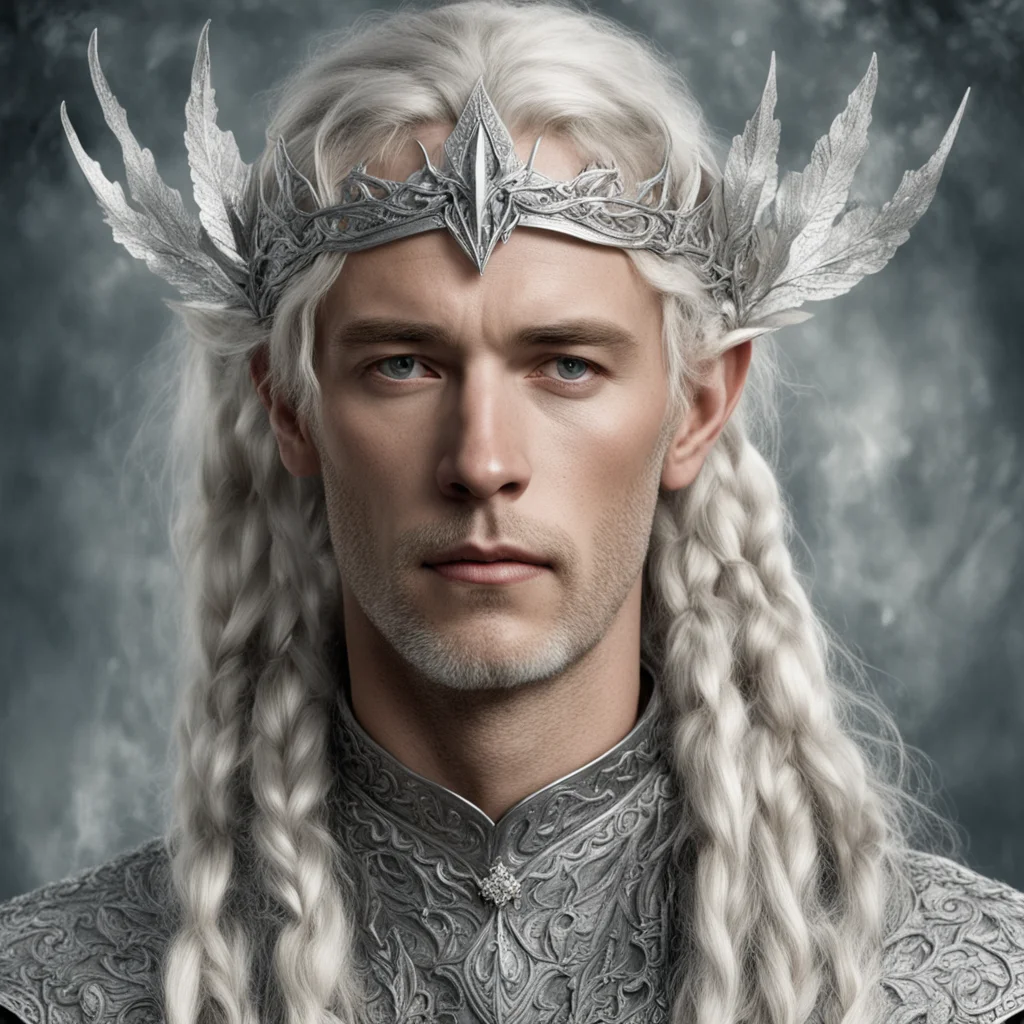 aitolkien king amdir with blonde hair and braids wearing silver oak leaf encrusted with diamonds forming a silver serpentine elvish circlet with large center diamond amazing awesome portrait 2