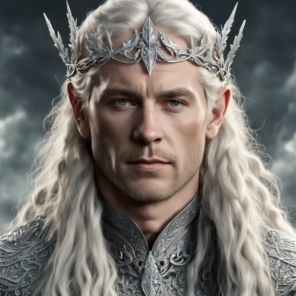 aitolkien king amdir with blonde hair and braids wearing silver oak leaf encrusted with diamonds forming a silver serpentine elvish circlet with large center diamond