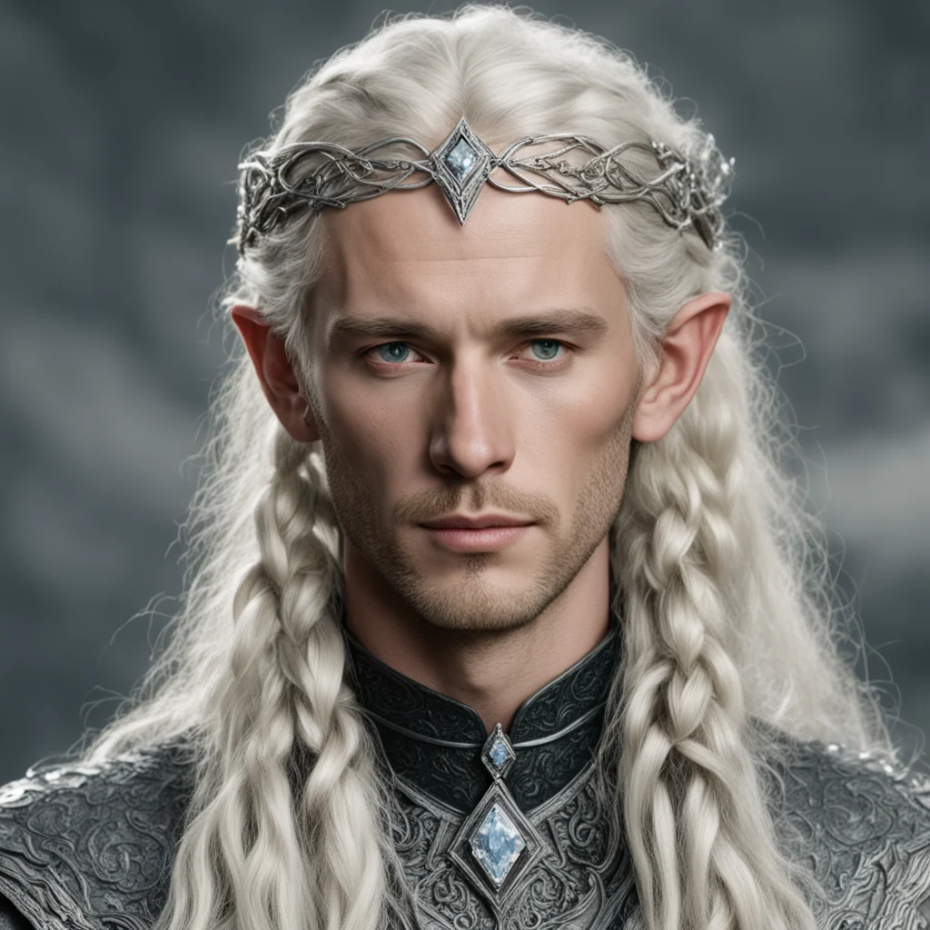 aitolkien king amdir with blonde hair and braids wearing silver serpentine sindarin elvish circlet encrusted with diamonds with large center diamond  amazing awesome portrait 2