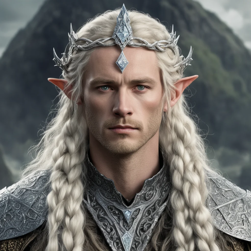 aitolkien king amdir with blonde hair and braids wearing silver serpentine sindarin elvish circlet encrusted with diamonds with large center diamond  good looking trending fantastic 1