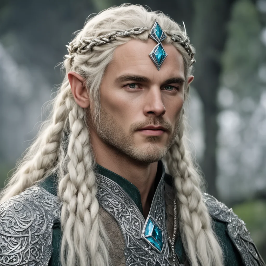 aitolkien king amdir with blonde hair and braids wearing silver serpentine sindarin elvish circlet encrusted with diamonds with large center diamond 