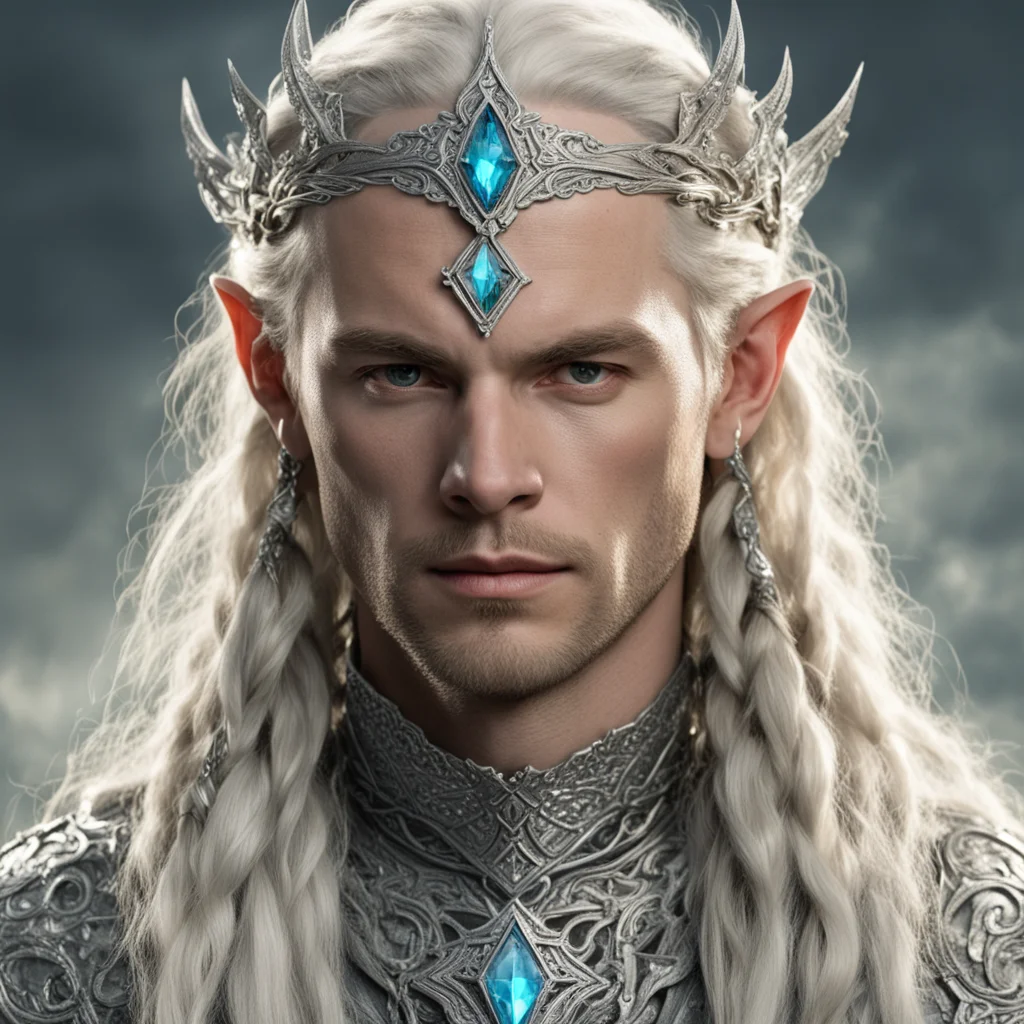 tolkien king amdir with blonde hair and braids wearing silver serpentine sindarin elvish circlet encrusted with diamonds with large center diamond amazing awesome portrait 2