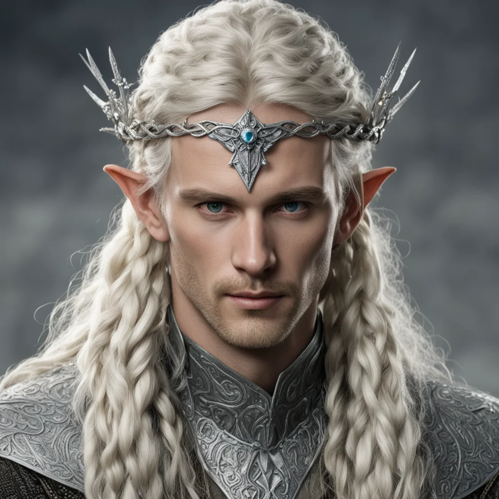 aitolkien king amdir with blonde hair and braids wearing silver serpentine sindarin elvish circlet encrusted with diamonds with large center diamond good looking trending fantastic 1