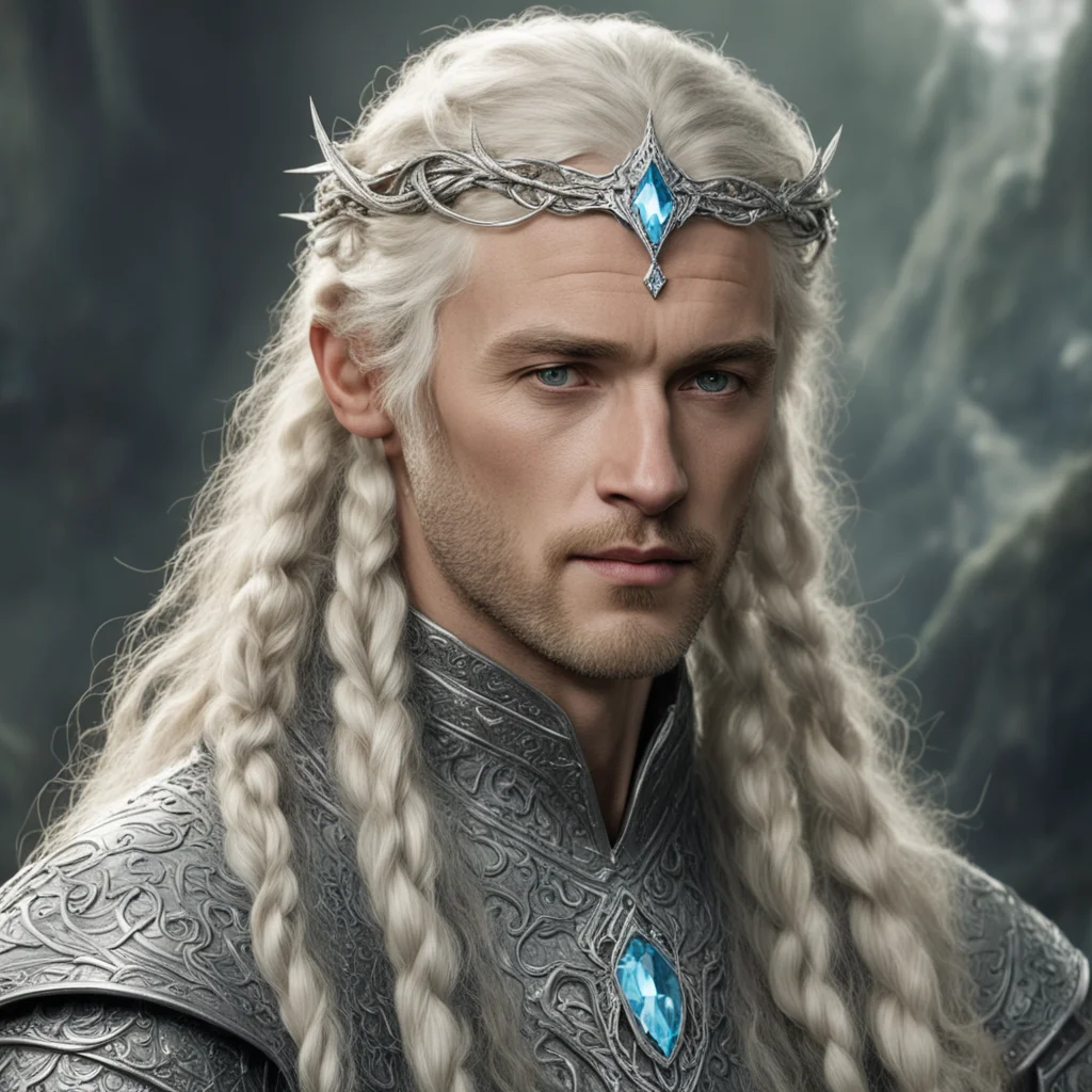 tolkien king amdir with blonde hair and braids wearing silver serpentine sindarin elvish circlet encrusted with diamonds with large center diamond