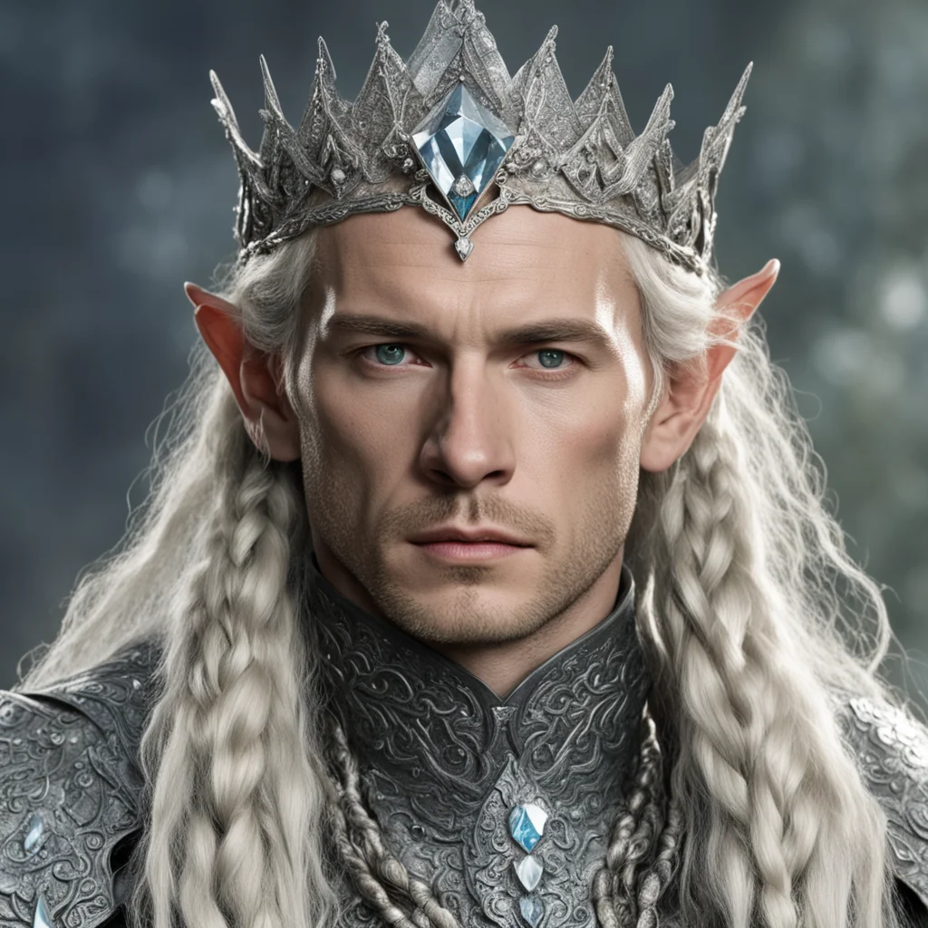 aitolkien king amdir with blonde hair and braids wearing silver serpentine sindarin elvish coronet encrusted with diamonds with large center diamond amazing awesome portrait 2
