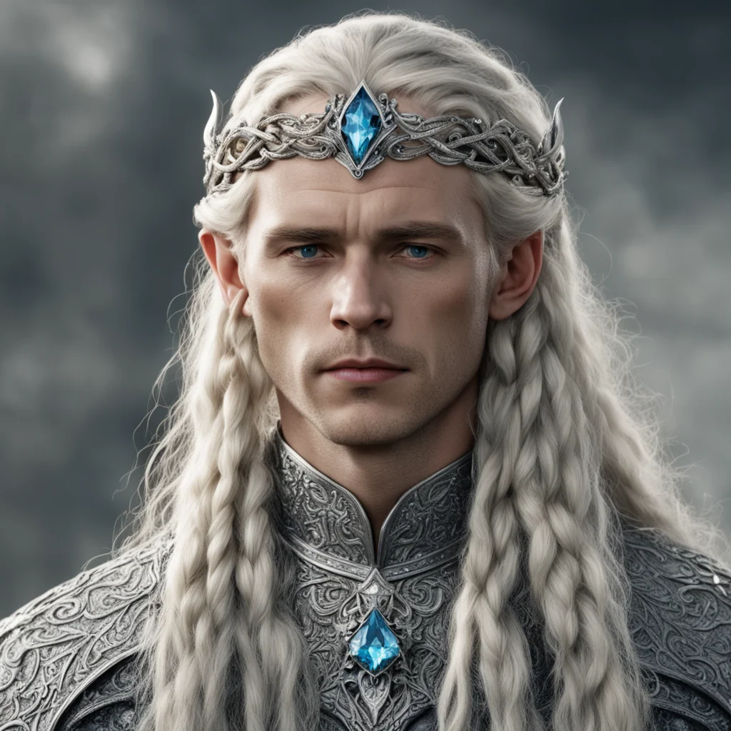 aitolkien king amdir with blonde hair and braids wearing silver serpentine sindarin elvish coronet encrusted with diamonds with large center diamond good looking trending fantastic 1