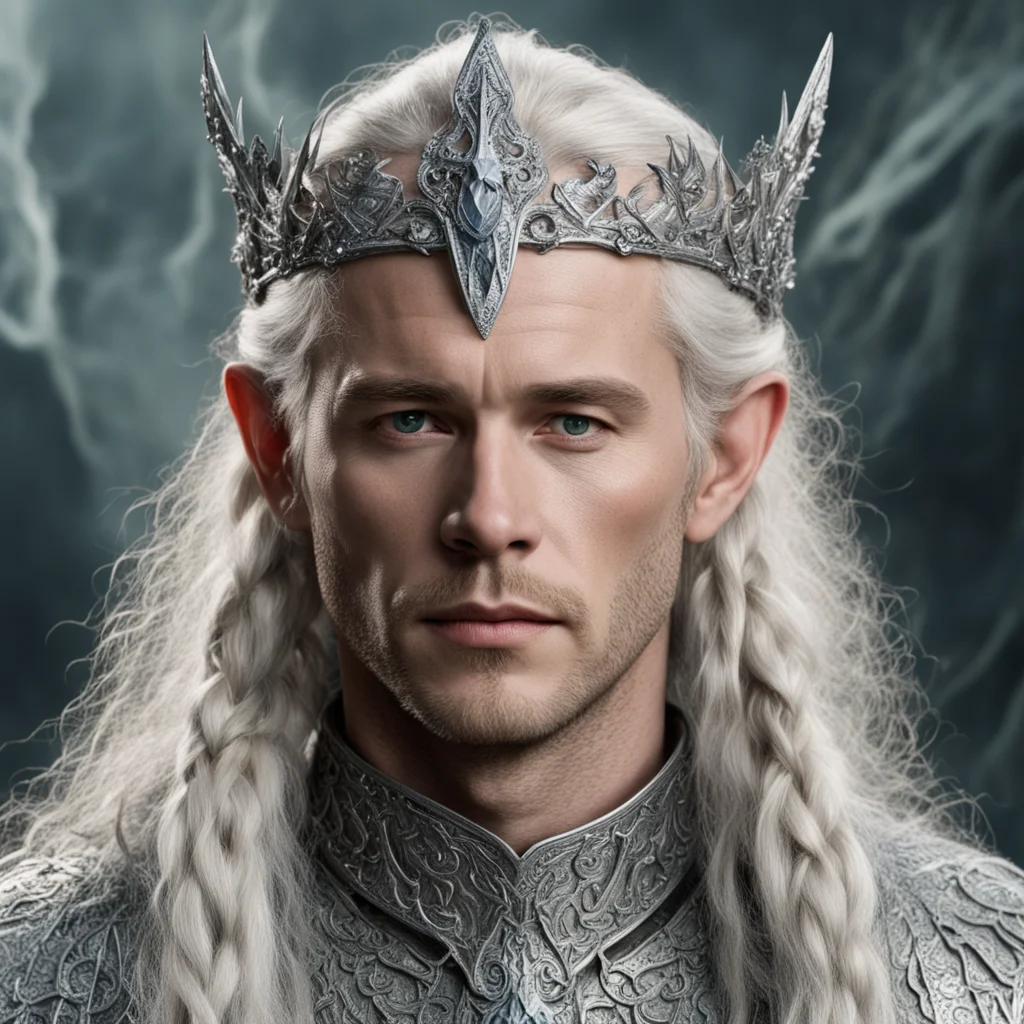 aitolkien king amdir with blonde hair and braids wearing silver serpentine sindarin elvish coronet encrusted with diamonds with large center diamond