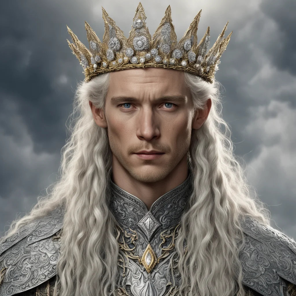 aitolkien king amdir with golden hair and braids wearing silver flowers encrusted with diamonds forming a silver elvish crown with large center diamond  amazing awesome portrait 2