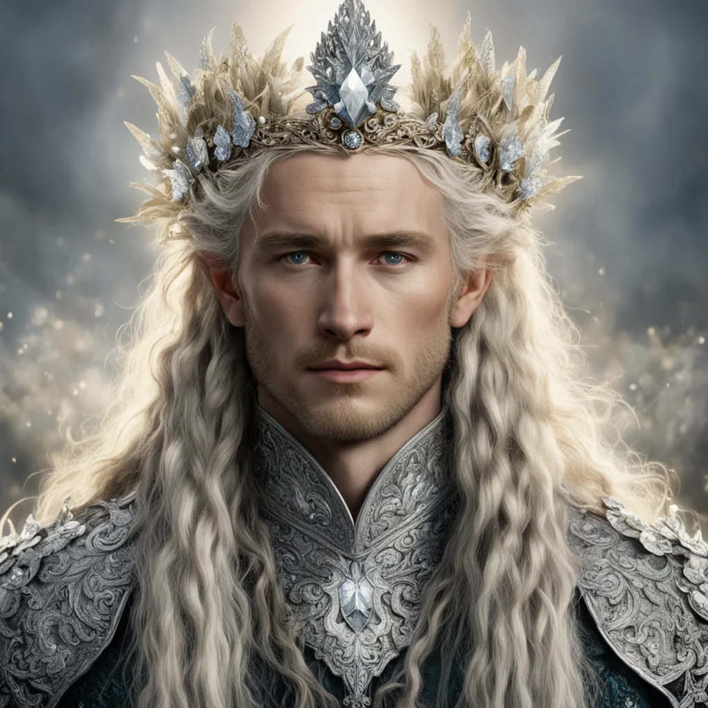 aitolkien king amdir with golden hair and braids wearing silver flowers encrusted with diamonds forming a silver elvish crown with large center diamond  confident engaging wow artstation art 3