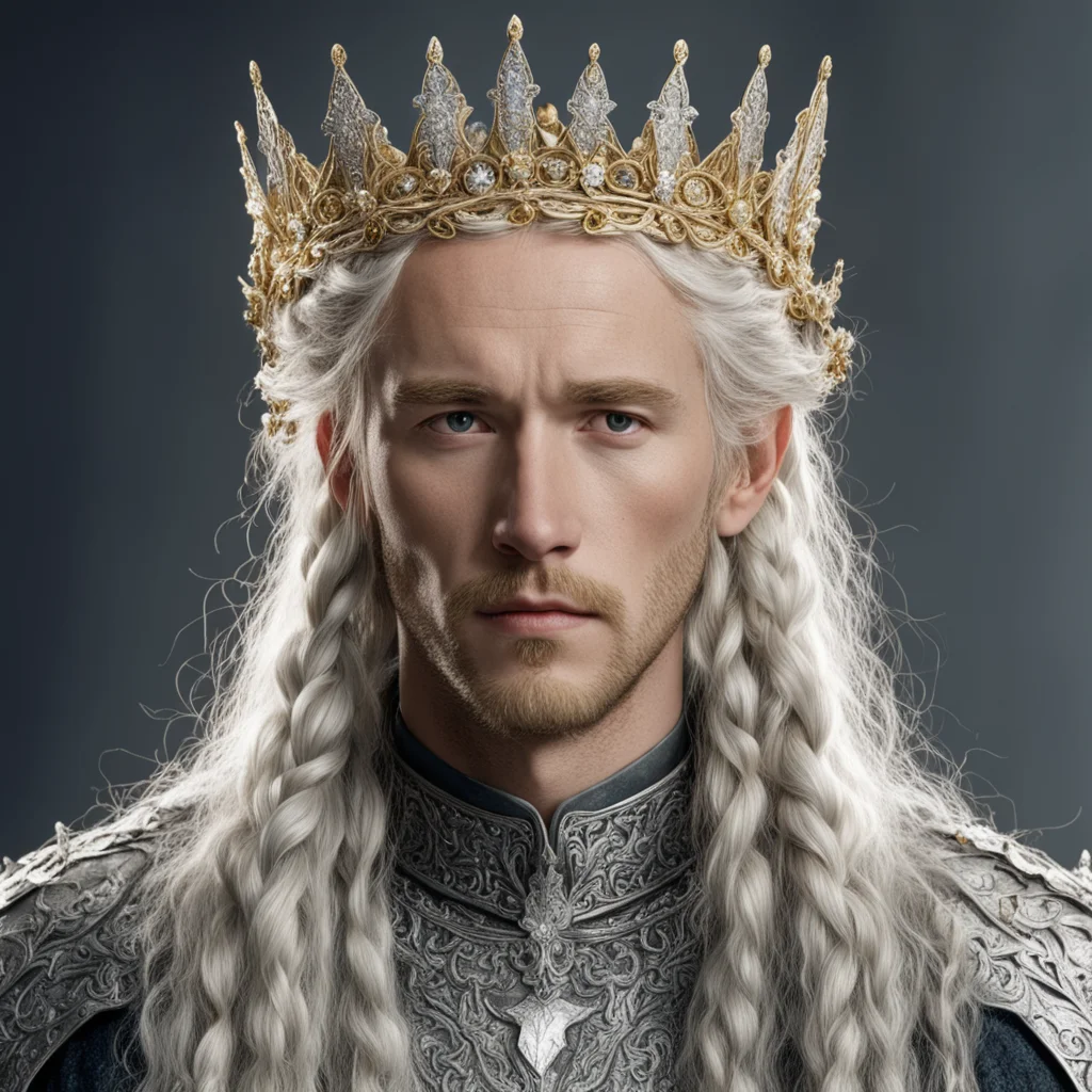 aitolkien king amdir with golden hair and braids wearing silver flowers encrusted with diamonds forming a silver elvish crown with large center diamond 
