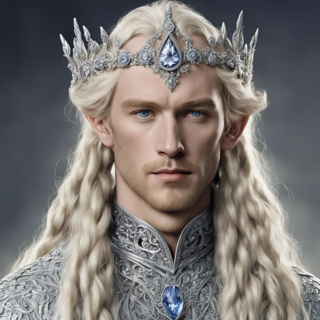 tolkien king amroth with blond hair amd braids wearing silver flower encrusted with diamonds forming a silver elvish circlet encrusted with diamonds with large center diamond 