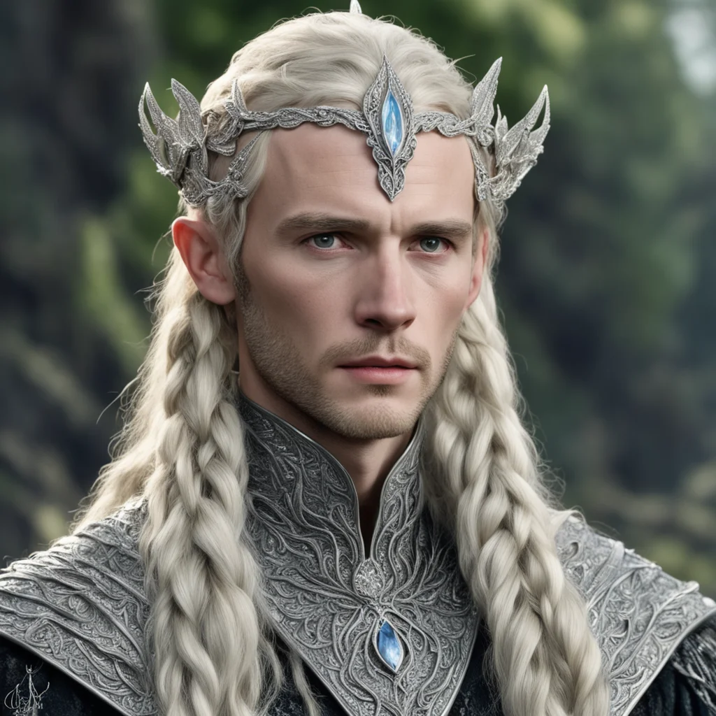aitolkien king amroth with blond hair and braids wearing silver beech leaf encrusted with diamonds forming silver serpentine elvish circlet with large center diamond amazing awesome portrait 2