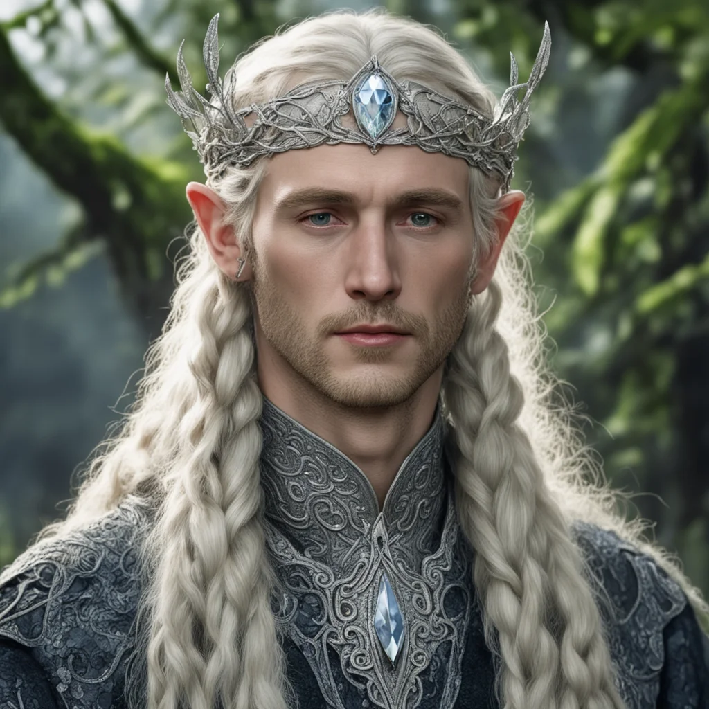 tolkien king amroth with blond hair and braids wearing silver beech leaf encrusted with diamonds forming silver serpentine elvish circlet with large center diamond confident engaging wow artstation 