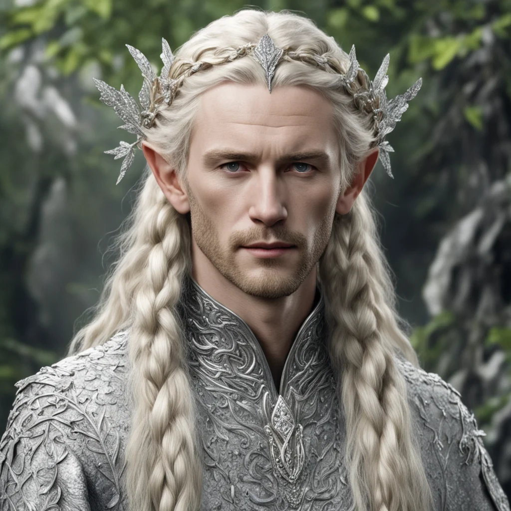 tolkien king amroth with blond hair and braids wearing silver beech leaf encrusted with diamonds forming silver serpentine elvish circlet with large center diamond good looking trending fantastic 1.