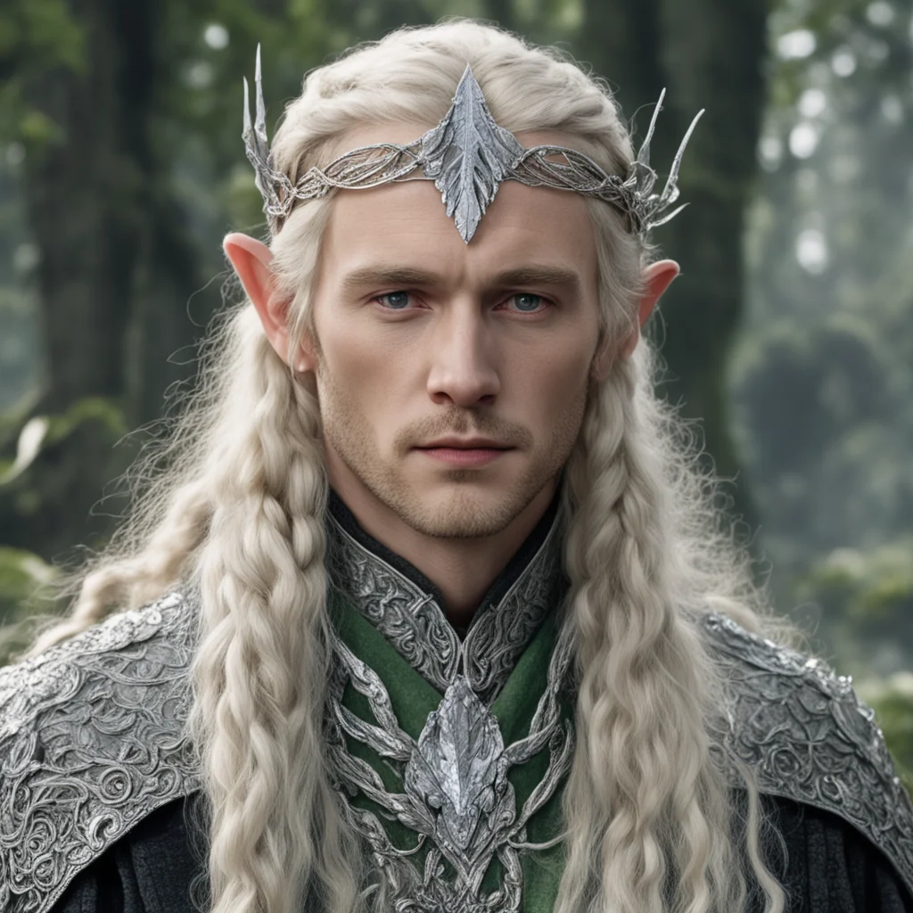 aitolkien king amroth with blond hair and braids wearing silver beech leaf encrusted with diamonds forming silver serpentine elvish circlet with large center diamond
